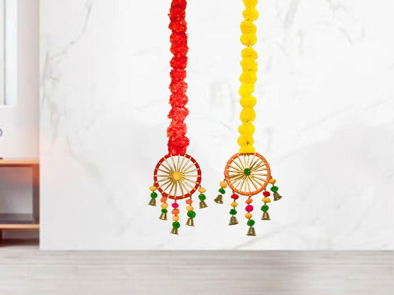 DRYPHON Artificial Marigold Flowers with Pom Pom Ring Bell Hanging Garlands for Home, Diwali & Wedding Decoration (Pack of 2) - Image 1