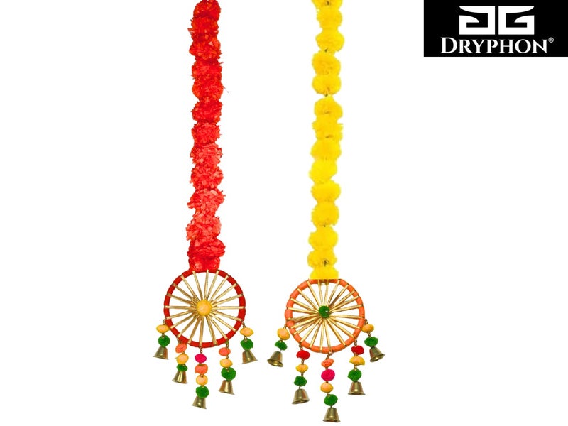 DRYPHON Artificial Marigold Flowers with Pom Pom Ring Bell Hanging Garlands for Home, Diwali & Wedding Decoration (Pack of 2) - Image 5
