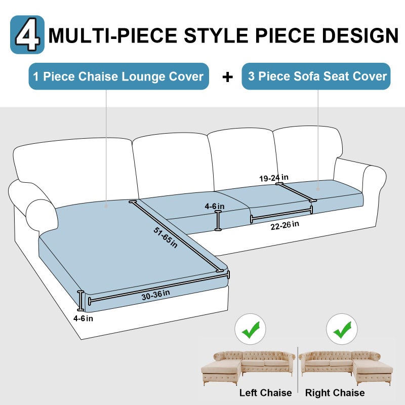 NAISI Waterproof Couch Cushion Covers Thick Velvet Fabric Washable Sofa Slipcovers Sectional Couch Covers for 4 Pieces Separate L Shape Couch Cover with Elastic Bottom(3 Seater + 1 Chaise,Grey) - Image 2