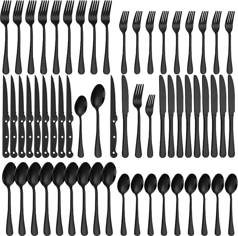 Lazycorner 60-Piece Black Silverware Set with Steak Knives Black Stainless Steel Flatware Set for 10 Food Grade Tableware Cutlery Set Rust-proof, Mirror Polished, Dishwasher Safe - Image 1