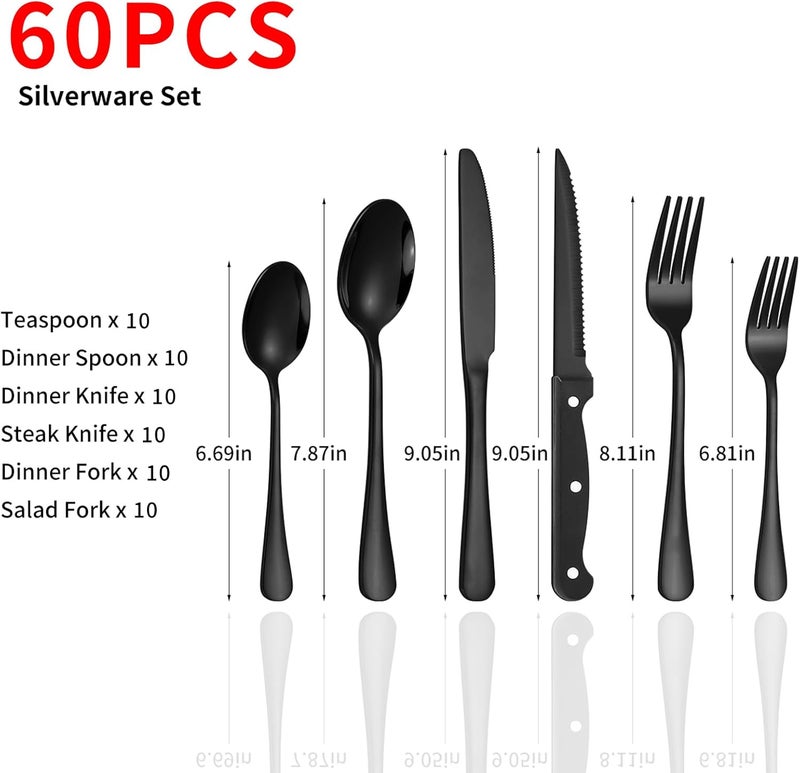 Lazycorner 60-Piece Black Silverware Set with Steak Knives Black Stainless Steel Flatware Set for 10 Food Grade Tableware Cutlery Set Rust-proof, Mirror Polished, Dishwasher Safe - Image 2