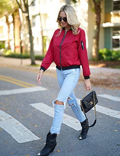 Zeagoo Women Classic Solid Biker Jacket Zip up Bomber Jacket Coat ,Wine Red ,Medium - Image 4