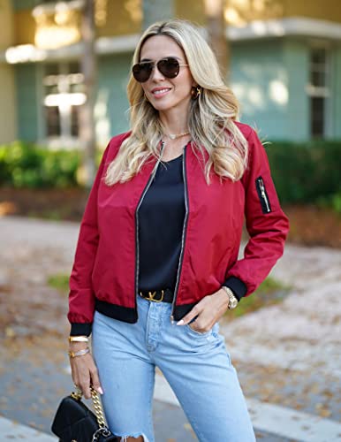 Zeagoo Women Classic Solid Biker Jacket Zip up Bomber Jacket Coat ,Wine Red ,Medium - Image 2