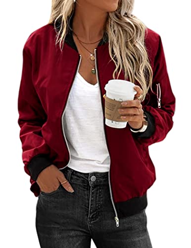 Zeagoo Women Classic Solid Biker Jacket Zip up Bomber Jacket Coat ,Wine Red ,Medium - Image 5