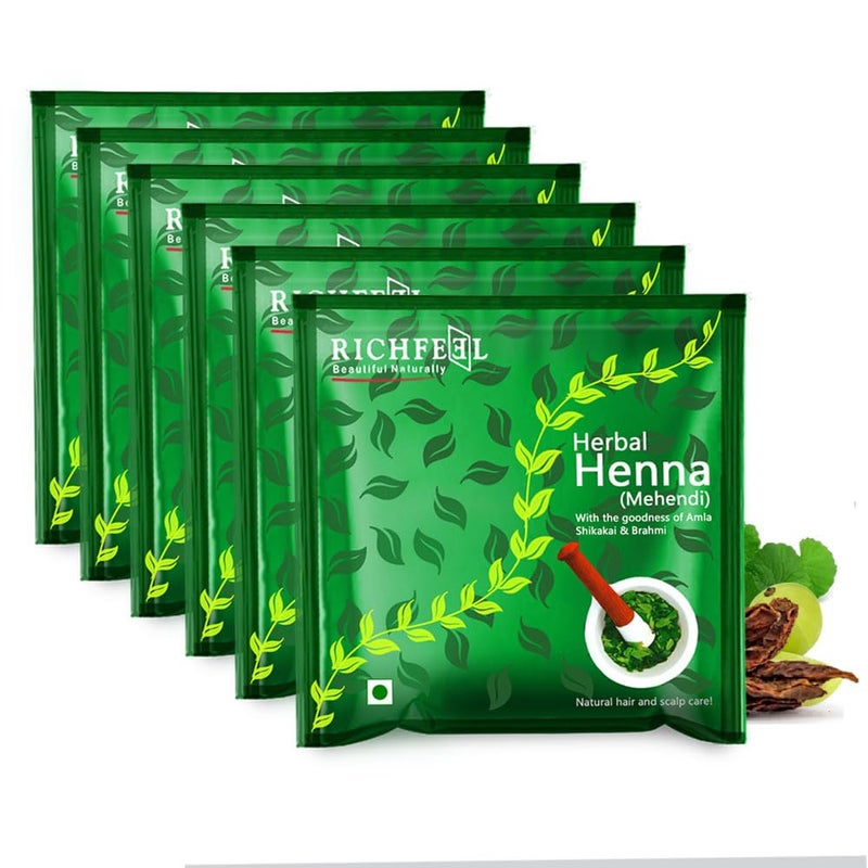Richfeel Henna Mehendi 100g Pack of 6  100 Natural PlantBased Hair Color  Reduces Hair Fall Improves Hair Health  Repairs from Root to Tip  ReddishBrown Tint - Image 1