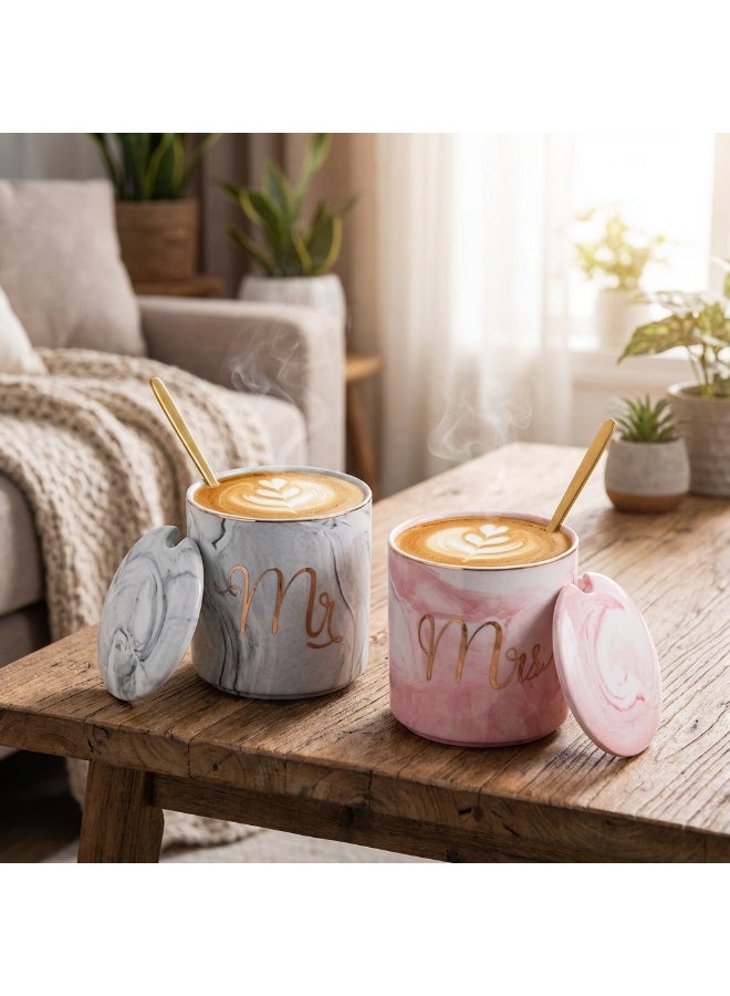 Neox Mr and Mrs Coffee Mug, ceramic marble coffee/tea Cupp with lid, Spoon set, personalized gift set for Couple, Parents, Wedding Gift, Bridal, Engagement - Image 2
