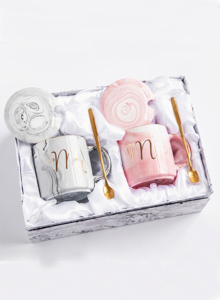 Neox Mr and Mrs Coffee Mug, ceramic marble coffee/tea Cupp with lid, Spoon set, personalized gift set for Couple, Parents, Wedding Gift, Bridal, Engagement - Image 1