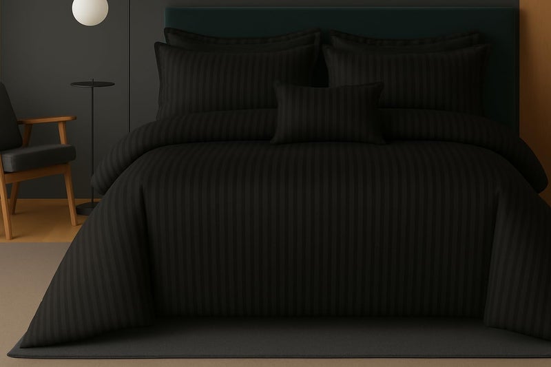 PRISCILLA 220 GSM 400TC Microfiber Satin Stripe Cotton AC Comforter Set King Size Double Bed with 1 Flat bedsheet-90x100 inch and Two Pillow Covers II 4 pc Bedding Set for Home|Hotels| (Black) - Image 1
