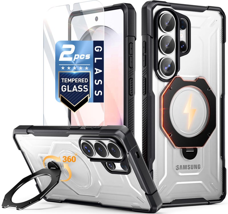 Poetic for Samsung Galaxy S26 Ultra Case | 360Â° Rotate Magnetic Ring Kickstand | Compatible with MagSafe | Military Grade Drop Proof Protection Cover | 2 Tempered Glass Screen Protector | Black/Clear - Image 1