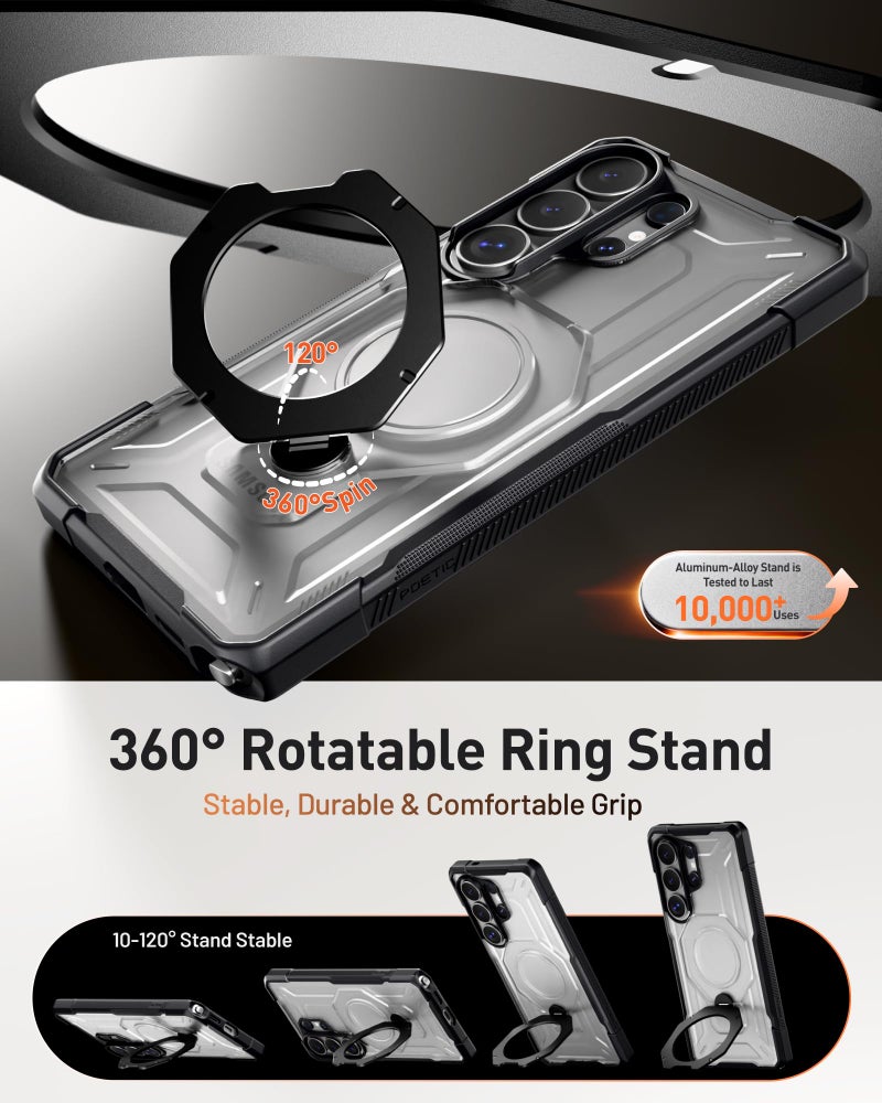 Poetic for Samsung Galaxy S26 Ultra Case | 360Â° Rotate Magnetic Ring Kickstand | Compatible with MagSafe | Military Grade Drop Proof Protection Cover | 2 Tempered Glass Screen Protector | Black/Clear - Image 3
