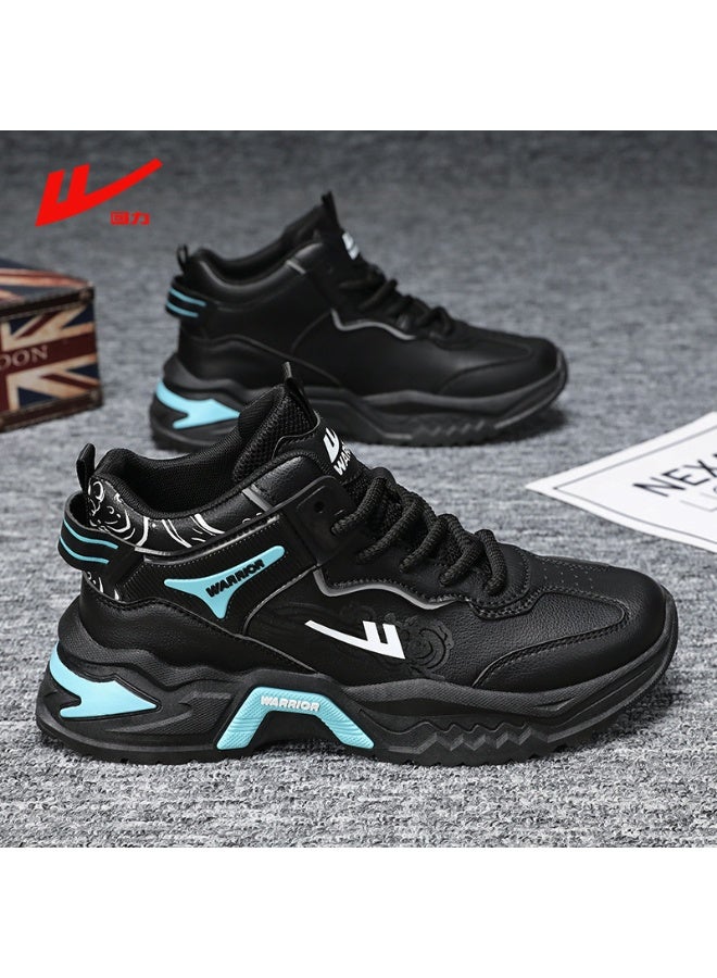 Warrior Men's High-Top Sneakers: Black Casual Shoes with Turquoise Accents, Non-Slip Thick Sole Fashion Trainers 43SIZE