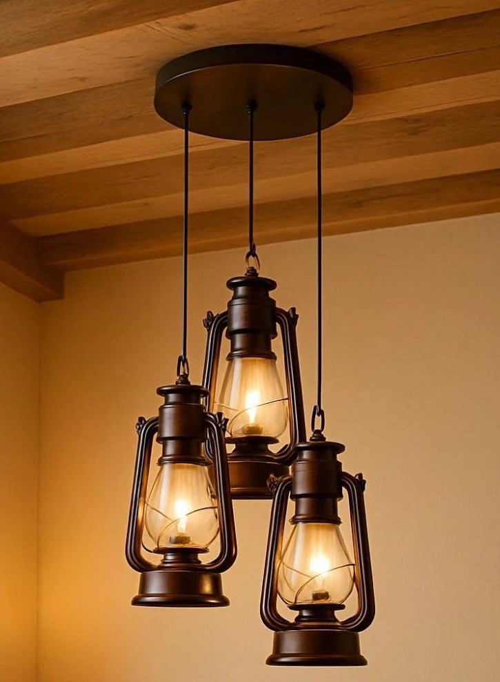 Vintage Lantern Pendant Chandelier – E27 Base – 3 Lanterns - Image 1