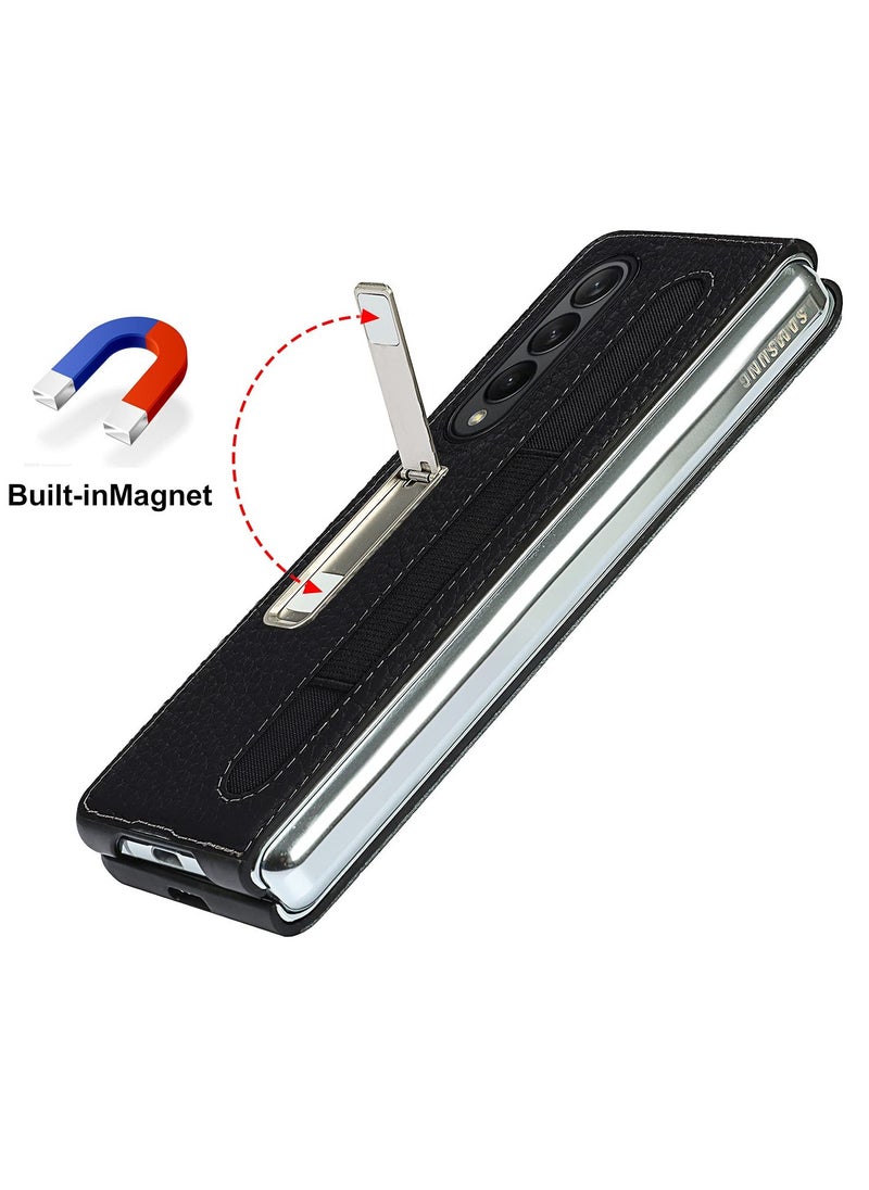 Samsung Galaxy Z Fold 3 Phone Case with S Pen Holder, Stand Function, Drop Resistant, Lychee Pattern (Black with Pen Slot)  - Image 2