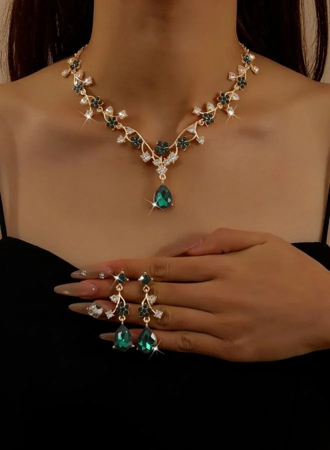 تايك تو طقم مجوهرات قلادة وأقراط مزينة بدلاية حجر راين قطعتين