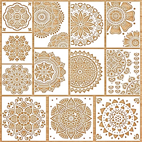Zonon 12 Pieces Large Mandala Stencil Reusable Stencil Laser Cut Painting Template For Wall Tile Floor Fabric Furniture Painting,12 Styles,3 Sizes (Delicate Style) - Image 1