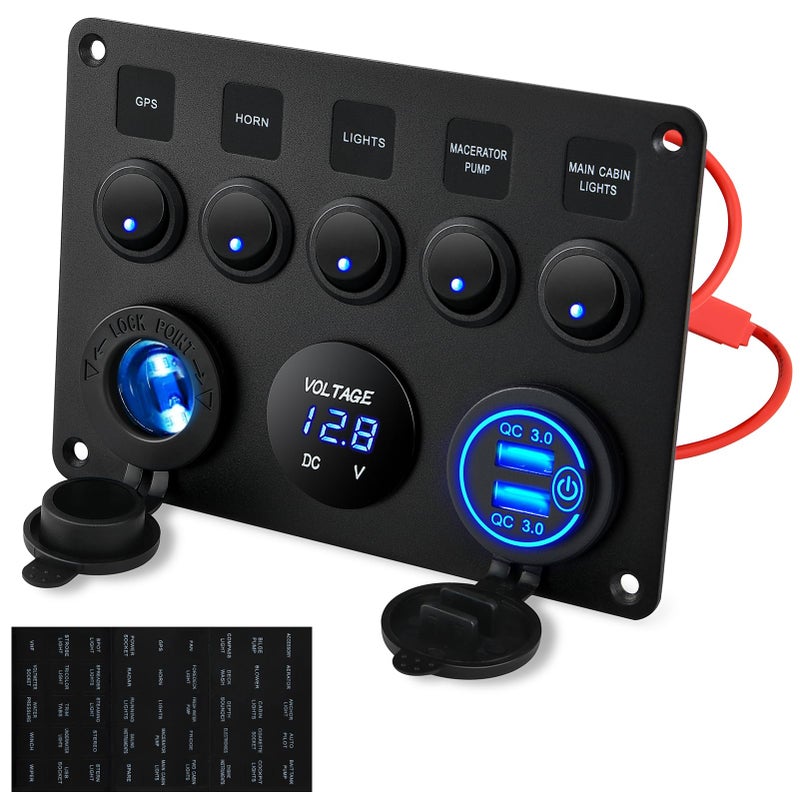 Kohree Kohree 5 Gang Rocker Switch Panel 12V Waterproof Toggle Switch Panel Led Aluminum Digital Voltmeter Display QC 3.0 Dual USB Charger Port DC 12/24 Volt Socket for RV Boat Car Vehicles Truck Marine  - Image 1