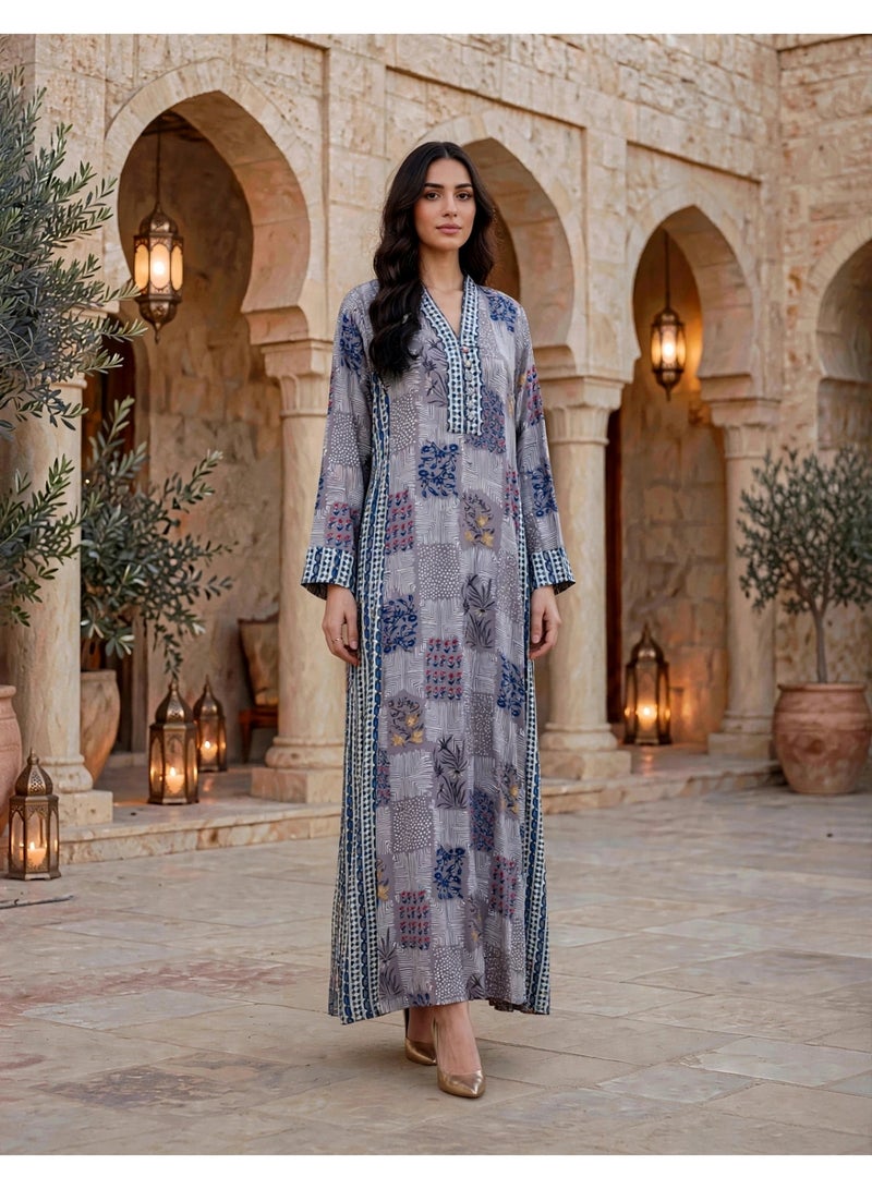 IKKXA Traditional Mosaic Print Maxi Jalabiya IK218Violet - Image 1