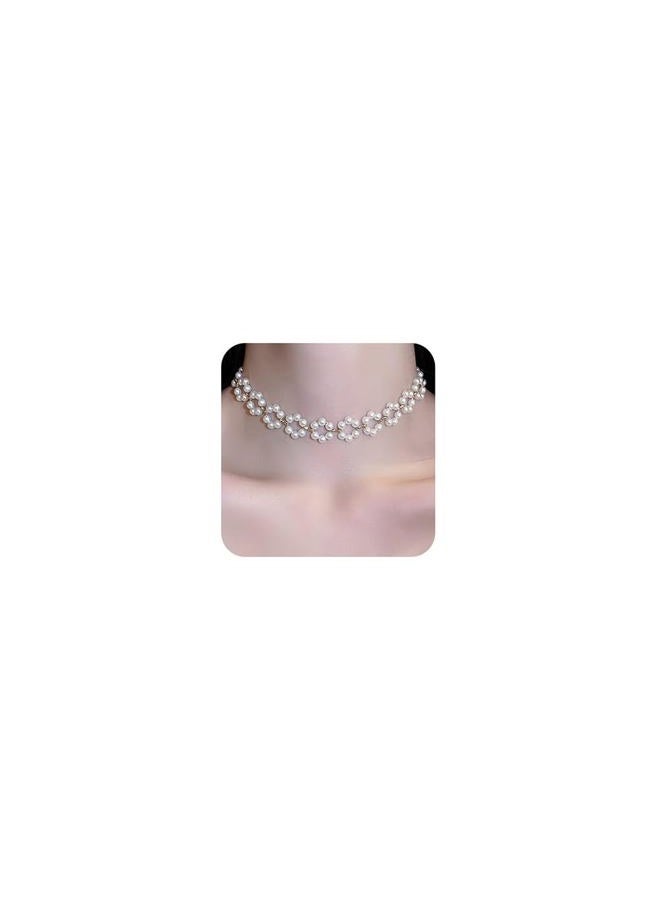 FXmimior Boho Flower Shiny Pearl Choker Necklaces Dainty Gold Statement Pearls Choker Necklace Simple Gold Chain Choker Necklaces Prom Party Bar Necklace Accessories for Women - Image 1