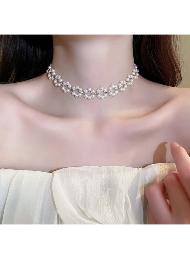 FXmimior Boho Flower Shiny Pearl Choker Necklaces Dainty Gold Statement Pearls Choker Necklace Simple Gold Chain Choker Necklaces Prom Party Bar Necklace Accessories for Women - Image 4