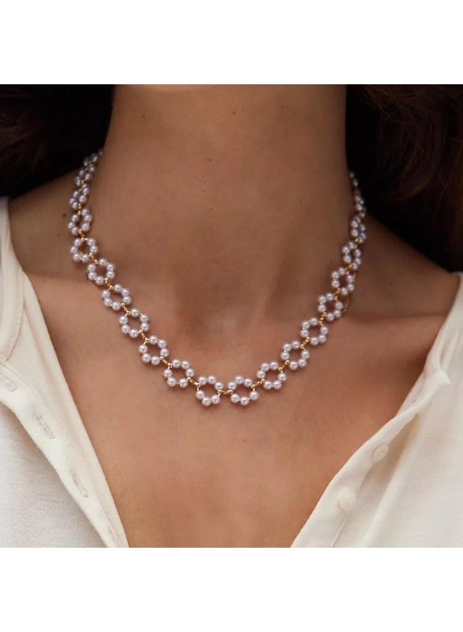 FXmimior Boho Flower Shiny Pearl Choker Necklaces Dainty Gold Statement Pearls Choker Necklace Simple Gold Chain Choker Necklaces Prom Party Bar Necklace Accessories for Women - Image 2