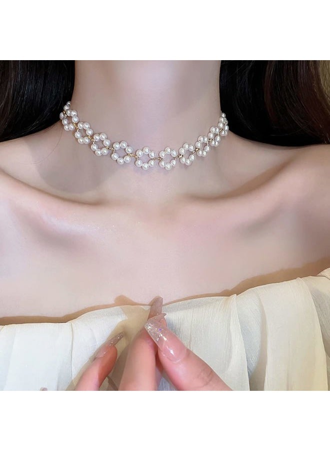 FXmimior Boho Flower Shiny Pearl Choker Necklaces Dainty Gold Statement Pearls Choker Necklace Simple Gold Chain Choker Necklaces Prom Party Bar Necklace Accessories for Women - Image 3