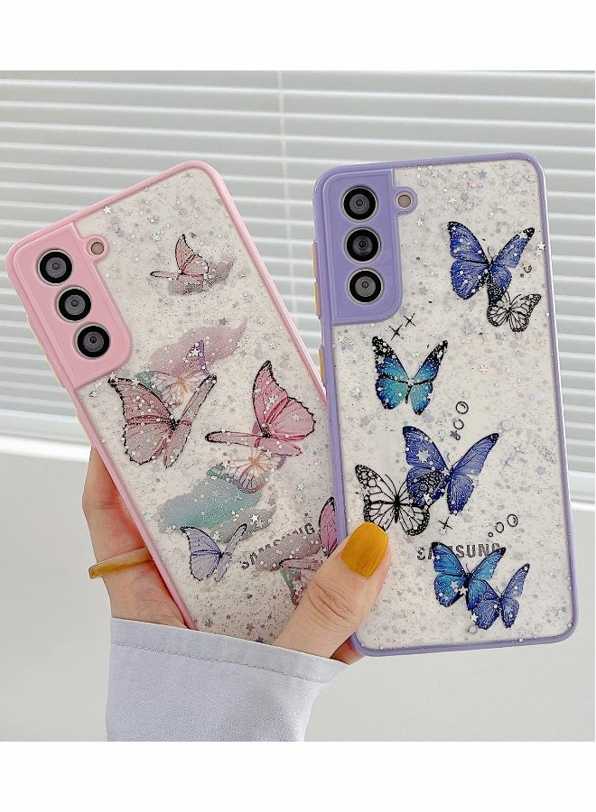 Phone Case, Cute Animal erfly Glitter Transparent Cover Compatible Samsung Galaxy S21 Soft Silicone PU Shockproof Cover for Ladies Girls (Pink, Purple) 2 Pieces - Image 1