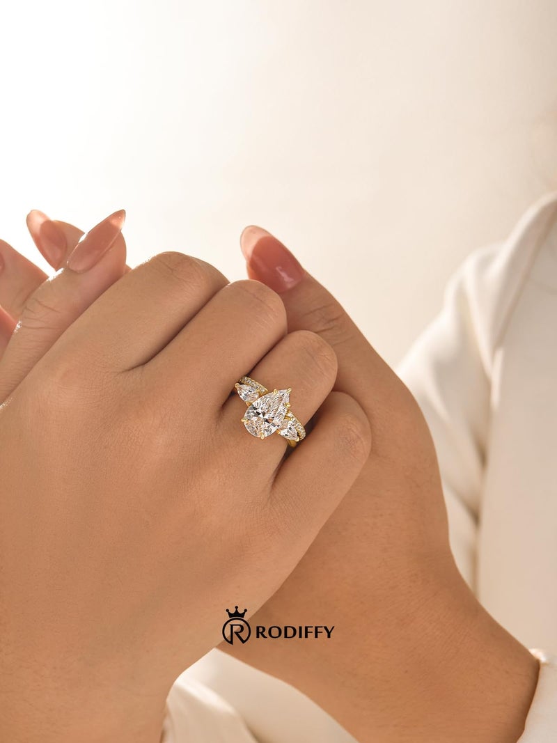 RODIFFY 4 Carat Pear Shaped Engagement Ring Set for Women, Tear Drop 5A Cubic Zirconia Wedding Ring Set With Insert Design, 14K Gold Plated S925 Silver Elegant CZ Bridal Jewelry (14K Gold Plated, 5) - Image 4