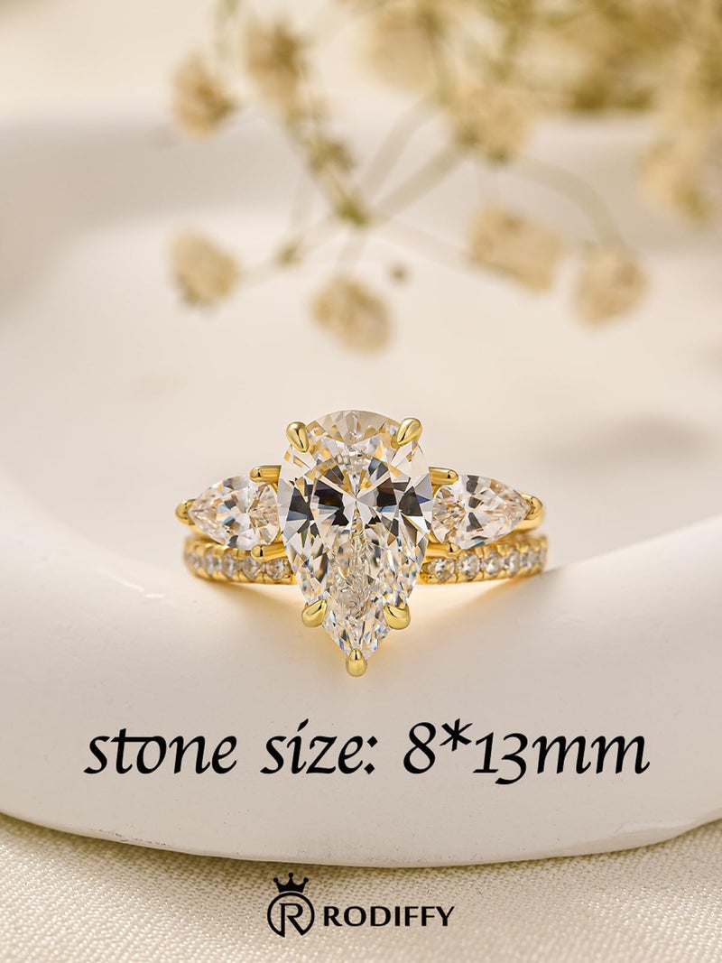 RODIFFY 4 Carat Pear Shaped Engagement Ring Set for Women, Tear Drop 5A Cubic Zirconia Wedding Ring Set With Insert Design, 14K Gold Plated S925 Silver Elegant CZ Bridal Jewelry (14K Gold Plated, 5) - Image 2