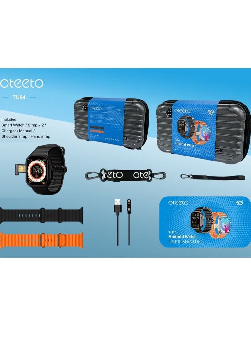 Oteeto - Oteeto TU94 4G Android Smart Watch With Sim Slot 2 Pair Straps and Support Multiple Applications Designed for Ladies and Gents Black - Image 1