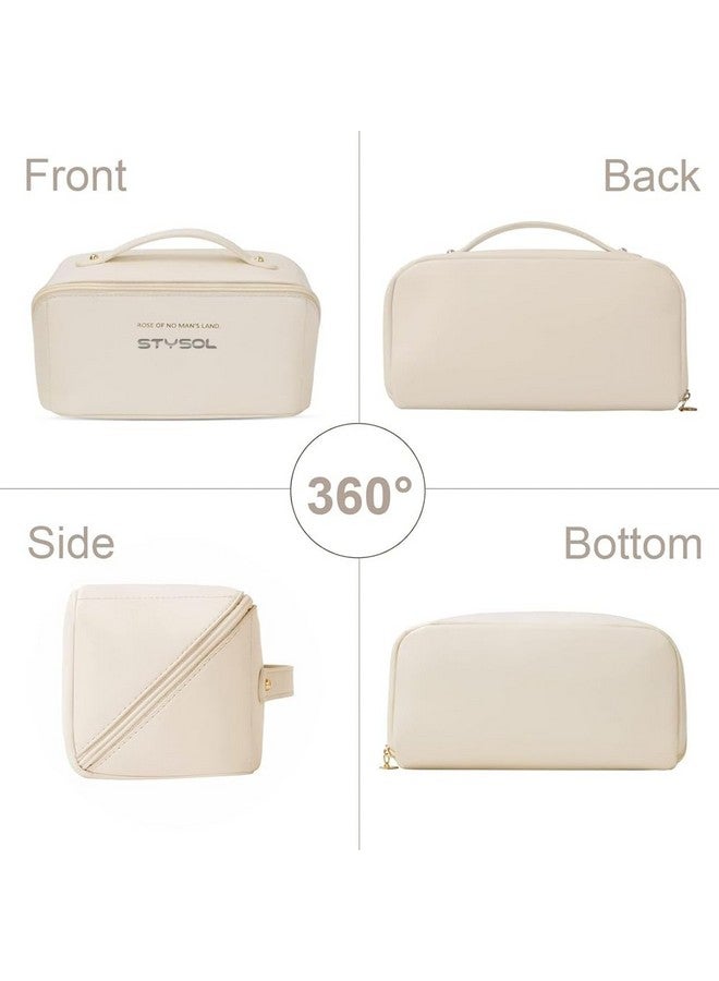 Stysol Travel Pouch,Large Capacity Travel Organizer for Women,PU Leather Waterproof Portable Pouch Open Flat Toiletry Organizer with Divider and Handle (White) - Image 4