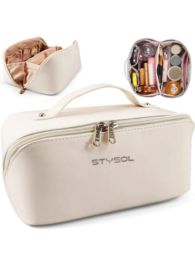 Stysol Travel Pouch,Large Capacity Travel Organizer for Women,PU Leather Waterproof Portable Pouch Open Flat Toiletry Organizer with Divider and Handle (White) - Image 2