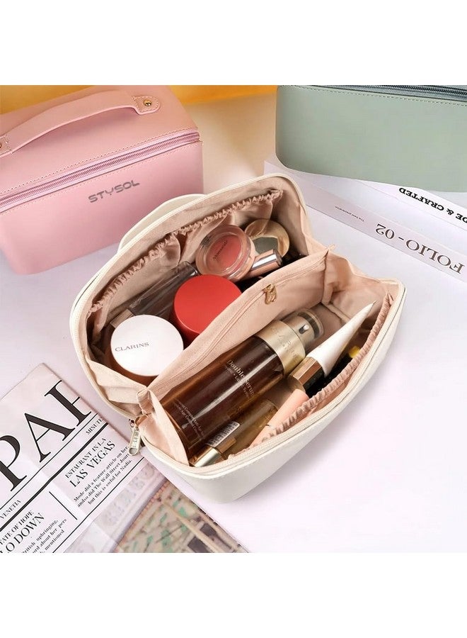 Stysol Travel Pouch,Large Capacity Travel Organizer for Women,PU Leather Waterproof Portable Pouch Open Flat Toiletry Organizer with Divider and Handle (White) - Image 3