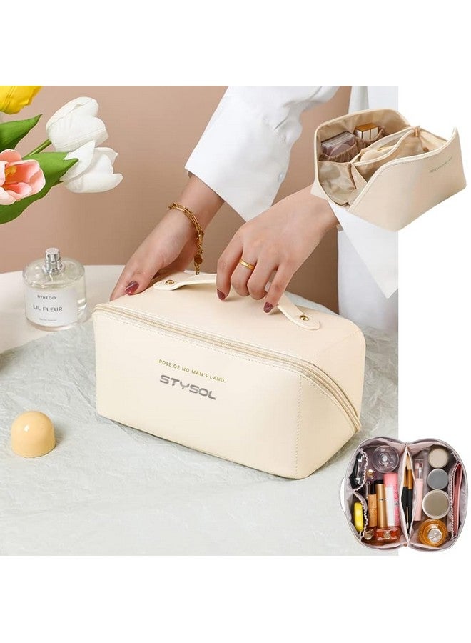 Stysol Travel Pouch,Large Capacity Travel Organizer for Women,PU Leather Waterproof Portable Pouch Open Flat Toiletry Organizer with Divider and Handle (White) - Image 1