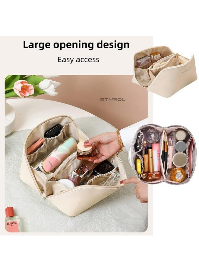 Stysol Travel Pouch,Large Capacity Travel Organizer for Women,PU Leather Waterproof Portable Pouch Open Flat Toiletry Organizer with Divider and Handle (White) - Image 5