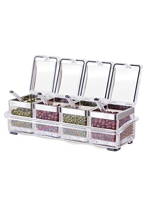 TENTA TENTA KITCHEN Tenta Kitchen Gourmet Acrylic Seasoning Box  Premium Quality Pure Acrylic Container and Case 188 Stainless Steel Ring  4 Serving Spoons Luxurious Condiment Cruet Bottle Spice Jar Set 