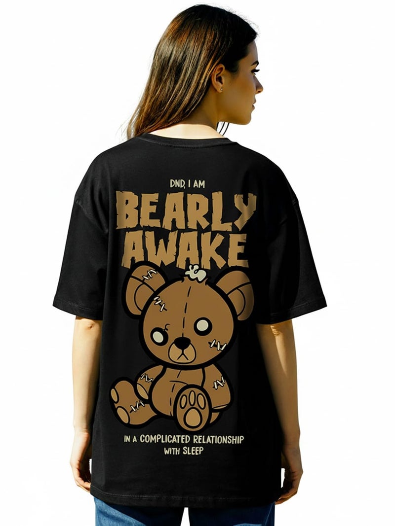 Bewakoof Women's Bearly Awake Graphic Printed 100% Cotton T-Shirt Oversized Fit, Round Neck, Half Sleeve_591651_Black_3XL - Image 1