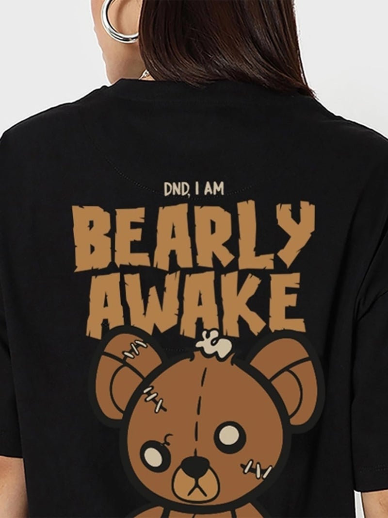 Bewakoof Women's Bearly Awake Graphic Printed 100% Cotton T-Shirt Oversized Fit, Round Neck, Half Sleeve_591651_Black_3XL - Image 5