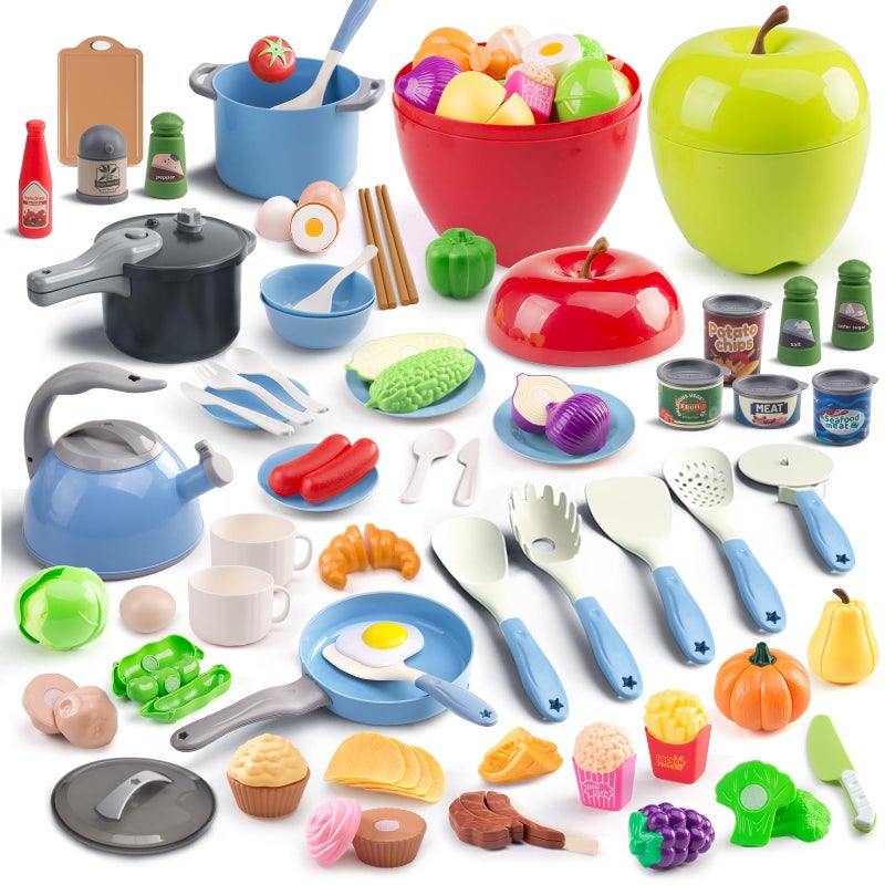 Funpynani 100Pcs Kitchen Playset Kids Pretend Cooking Play Pots Pans Utensils Cookware Toy Food Fruits Veggies with 2 Large Apple Shaped Storage Toddler Cooking Learning Gift Blue - Image 3