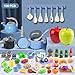 Funpynani 100Pcs Kitchen Playset Kids Pretend Cooking Play Pots Pans Utensils Cookware Toy Food Fruits Veggies with 2 Large Apple Shaped Storage Toddler Cooking Learning Gift Blue - Image 4