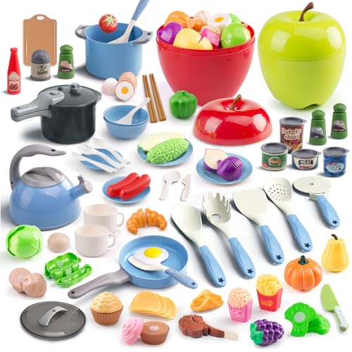 Funpynani 100Pcs Kitchen Playset Kids Pretend Cooking Play Pots Pans Utensils Cookware Toy Food Fruits Veggies with 2 Large Apple Shaped Storage Toddler Cooking Learning Gift Blue - Image 1