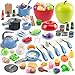 Funpynani 100Pcs Kitchen Playset Kids Pretend Cooking Play Pots Pans Utensils Cookware Toy Food Fruits Veggies with 2 Large Apple Shaped Storage Toddler Cooking Learning Gift Blue - Image 2
