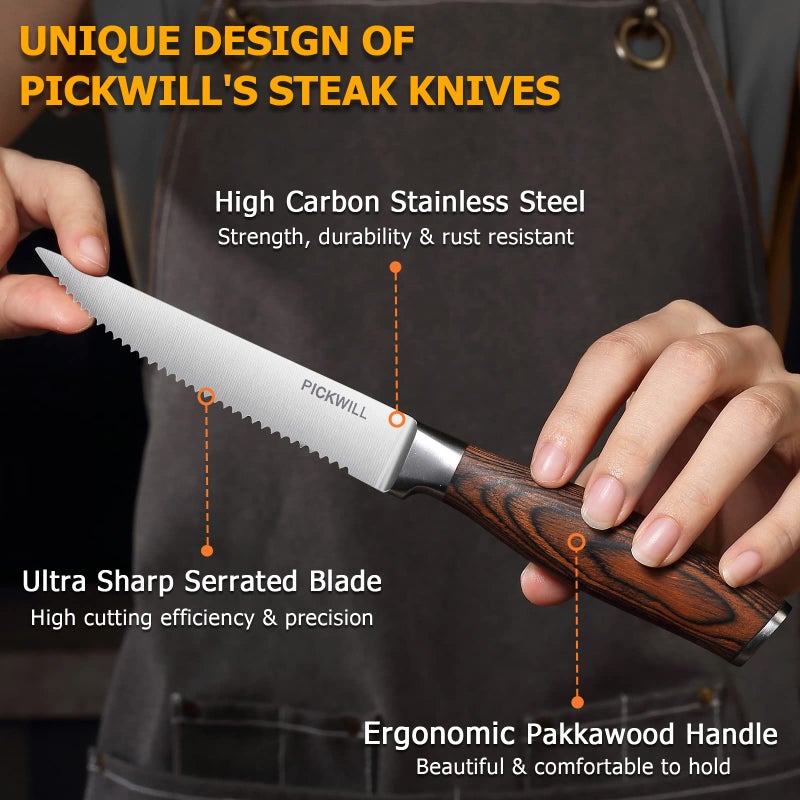 PICKWILL PICKWILL Steak Knives,Steak Knives Set of 4, Ergonomic Wood Handle, 4.5 Inch High Carbon Stainless Steel Serrated Steak Knives Set with Gift Box  - Image 3