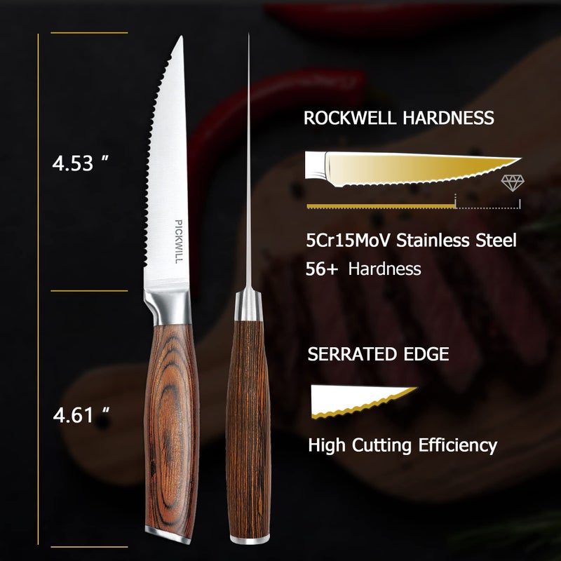 PICKWILL PICKWILL Steak Knives,Steak Knives Set of 4, Ergonomic Wood Handle, 4.5 Inch High Carbon Stainless Steel Serrated Steak Knives Set with Gift Box  - Image 2