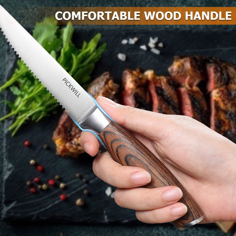 PICKWILL PICKWILL Steak Knives,Steak Knives Set of 4, Ergonomic Wood Handle, 4.5 Inch High Carbon Stainless Steel Serrated Steak Knives Set with Gift Box  - Image 5