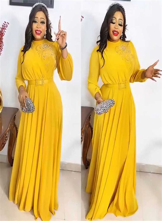 Loquat Chiffon Scalded Beads Long Sleeve Belt Dress Abaya Yellow 