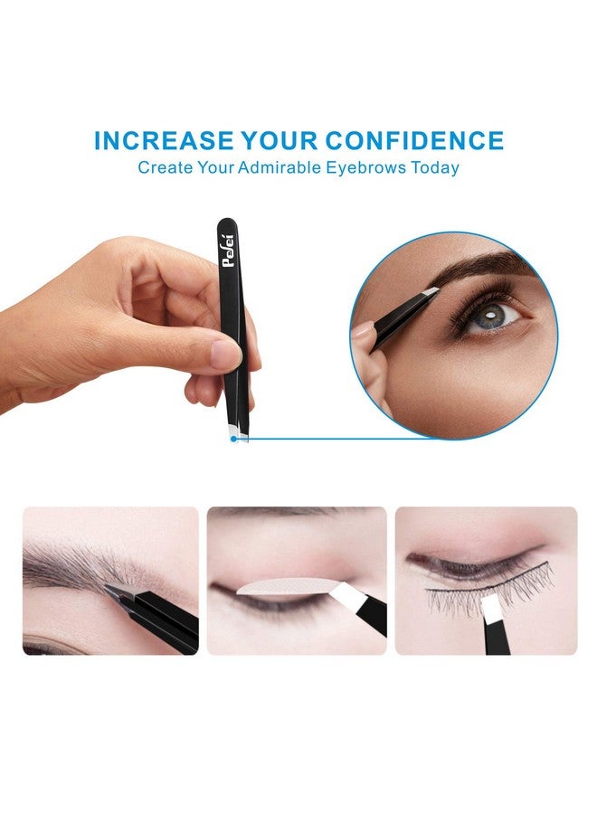 Tweezers Set - Professional Stainless Steel Tweezers For Eyebrows - Great Precision For Facial Hair, Splinter And Ingrown Hair Removal (Black)