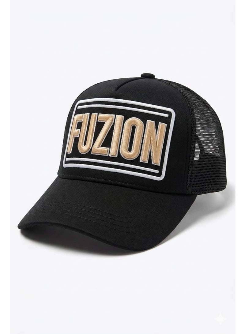 FUZION  Black Mesh Trucker Cap – Bold 3D Embroidered Logo – Adjustable Unisex Fit