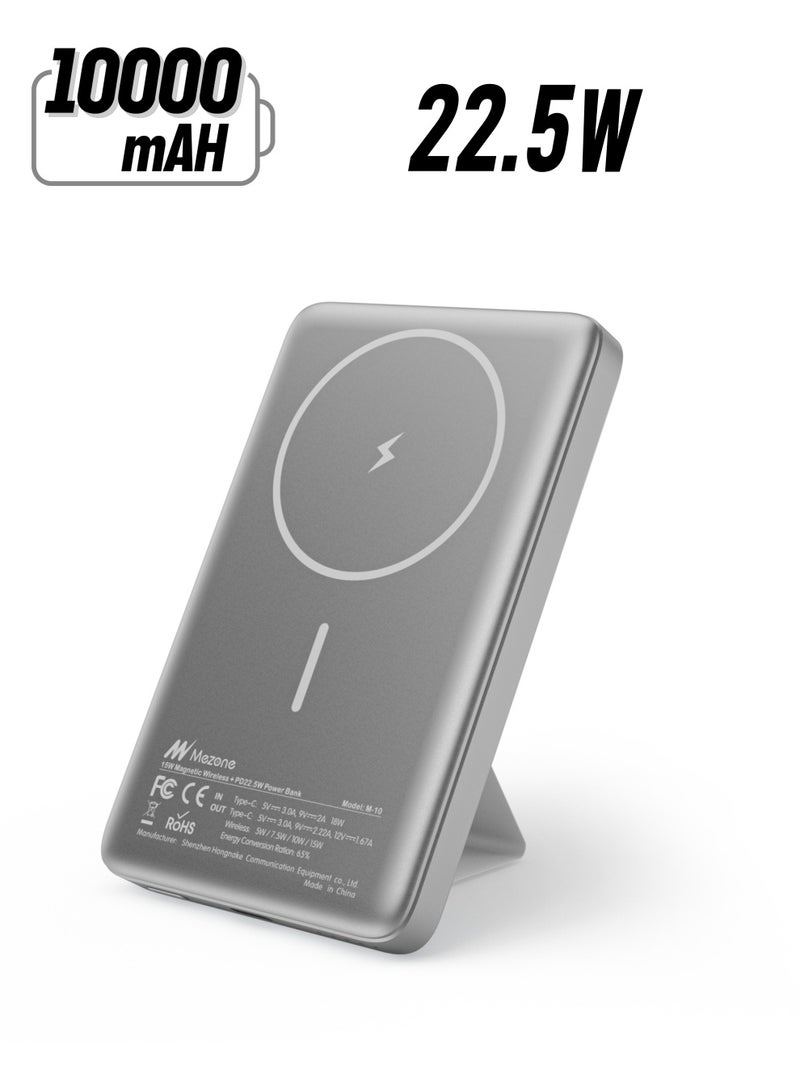 Mezone 10000mAh Magnetic Powerbank, Wireless Portable Charger Fast Charging, PD 22.5W Wired Charging, iPhone Magnetic Charger Battery Pack for iPhone 15/14/13/12 Series, Metallic Space Grey - Image 1