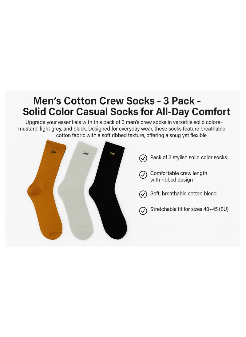 Men's Cotton Crew Socks - 3 Pack - Solid Color Casual Socks for All-Day Comfort