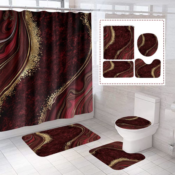 4PCS LUXURY MARBLE SHOWER CURTAIN SETS BATHROOM SETS WITH SHOWER CURTAIN TOILET LID RUG CONTOUR MAT AND BATH MAT SHOWER CURTAIN WITH 12 HOOKS FOR BATHROOM SET DECOR 72 X 72 INCH RED